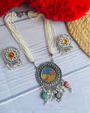Oxidised-Blackpolish-Madhubani-Pearl-Necklace-Set