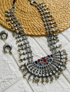 Oxidised Blackpolish Meenakari Necklace Earrings Set
