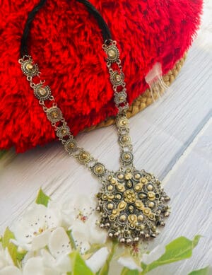 Oxidised Silver Dual Tone Kundan Long Necklace