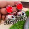 Oxidised-Silver-Jhumka Earrings-Red