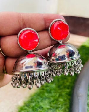 Oxidised-Silver-Jhumka Earrings-Red