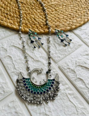 Oxidised Silver Meenakari Necklace Set