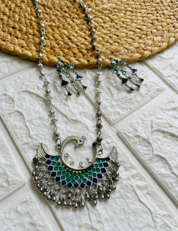 Oxidised Silver Meenakari Necklace Set