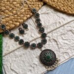 Brass-Silver-Monalisa-Stone-Necklace-Set-Green