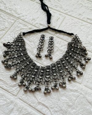 Oxidised Black Polish Ghungroo Necklace Set with Earrings