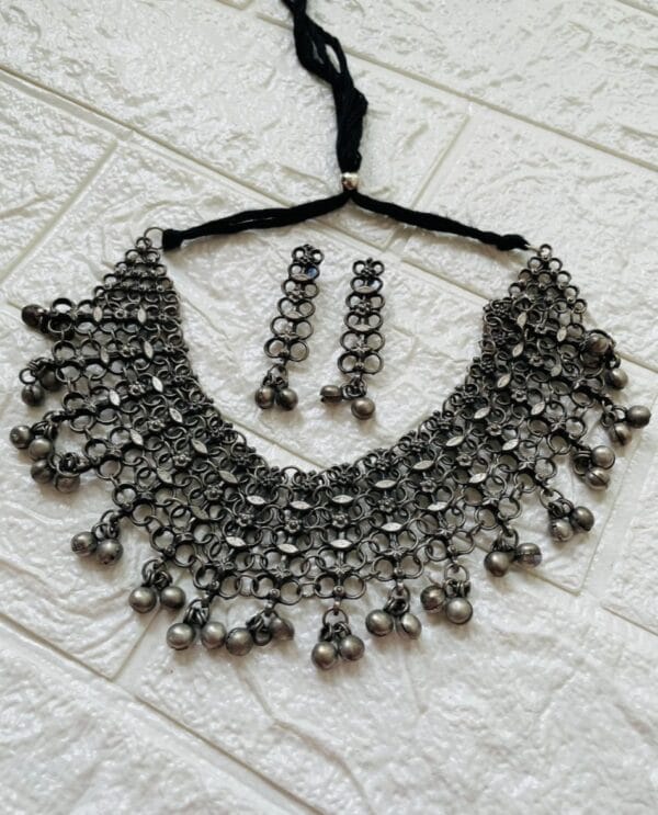 Oxidised Black Polish Ghungroo Necklace Set with Earrings