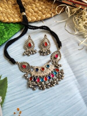 Oxidised-Blackpolish-Meenakari-Necklace-Earrings-Set