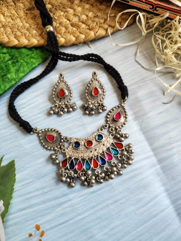 Oxidised-Blackpolish-Meenakari-Necklace-Earrings-Set