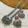 brass-silver-replica-monalisa-long-necklace-set-with-earrings-baby-pink-green