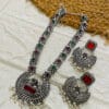 brass-silver-replica-monalisa-long-necklace-set-with-earrings-mint-pink-multi