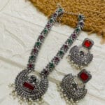 brass-silver-replica-monalisa-long-necklace-set-with-earrings-mint-pink-multi