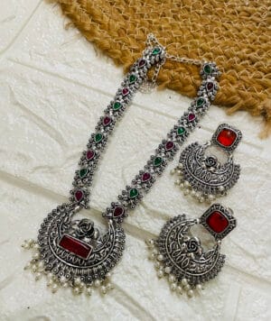 brass-silver-replica-monalisa-long-necklace-set-with-earrings-mint-pink-multi