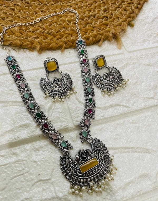 brass-silver-replica-monalisa-long-necklace-set-with-earrings-multi