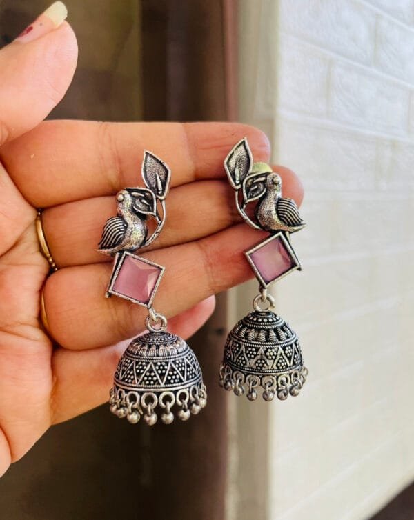 german-silver-jhumka-with-monalisa-stone-baby-pink